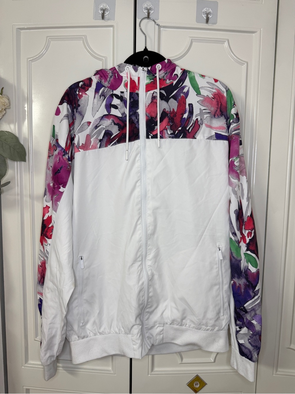 White Floral-Panel Lightweight Bomber Jacket